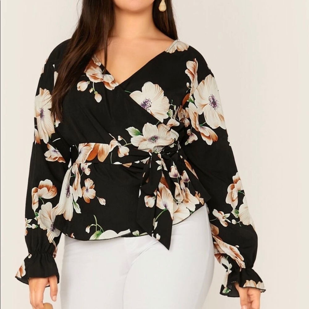 Shein Tie Waist Floral Blouse